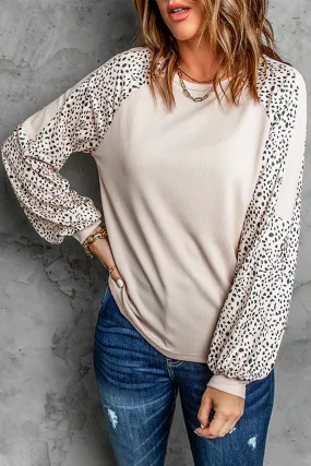 Beige Leopard Print Pullover Long Sleeve Top