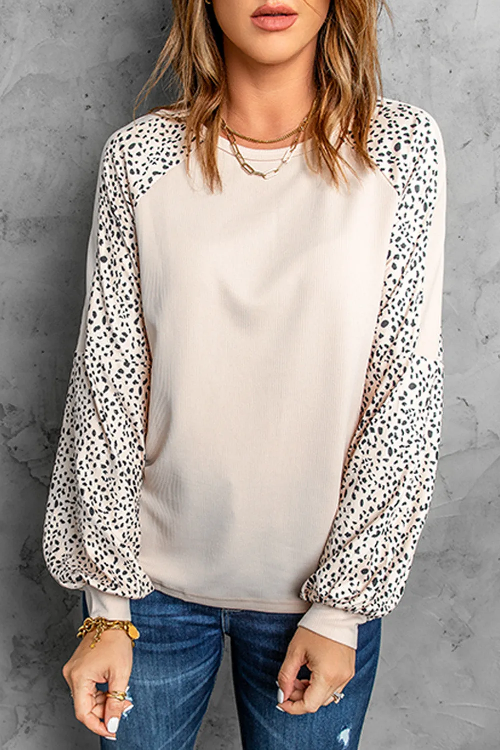 Beige Leopard Print Pullover Long Sleeve Top