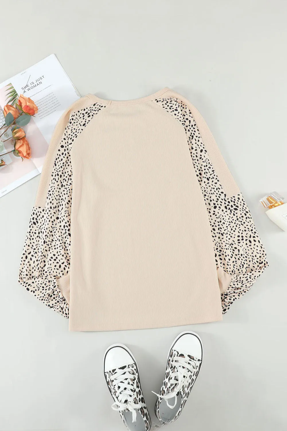 Beige Leopard Print Pullover Long Sleeve Top