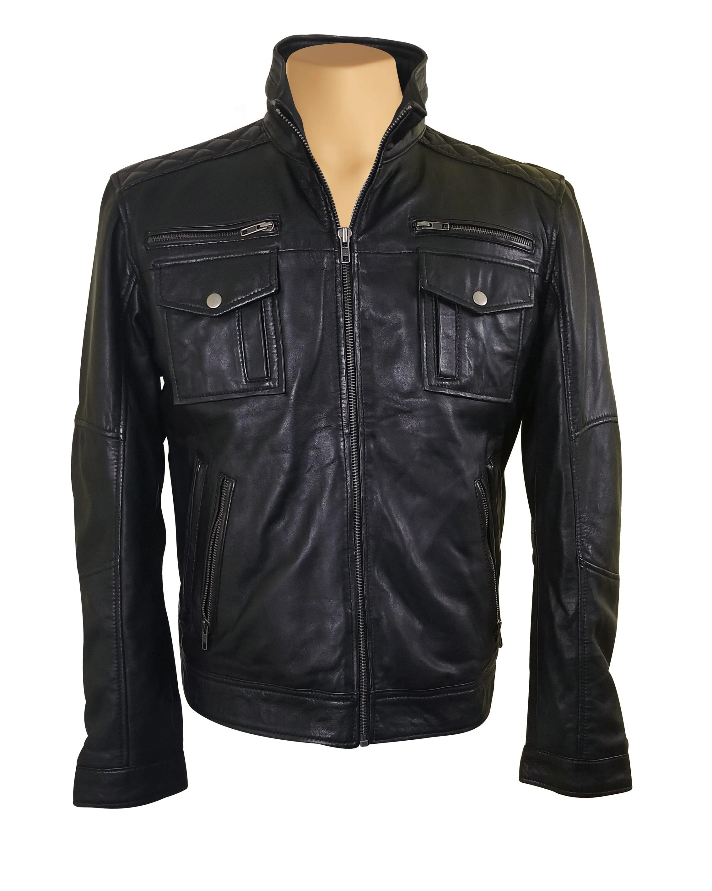 Benson zip up leather jacket with flap pockets