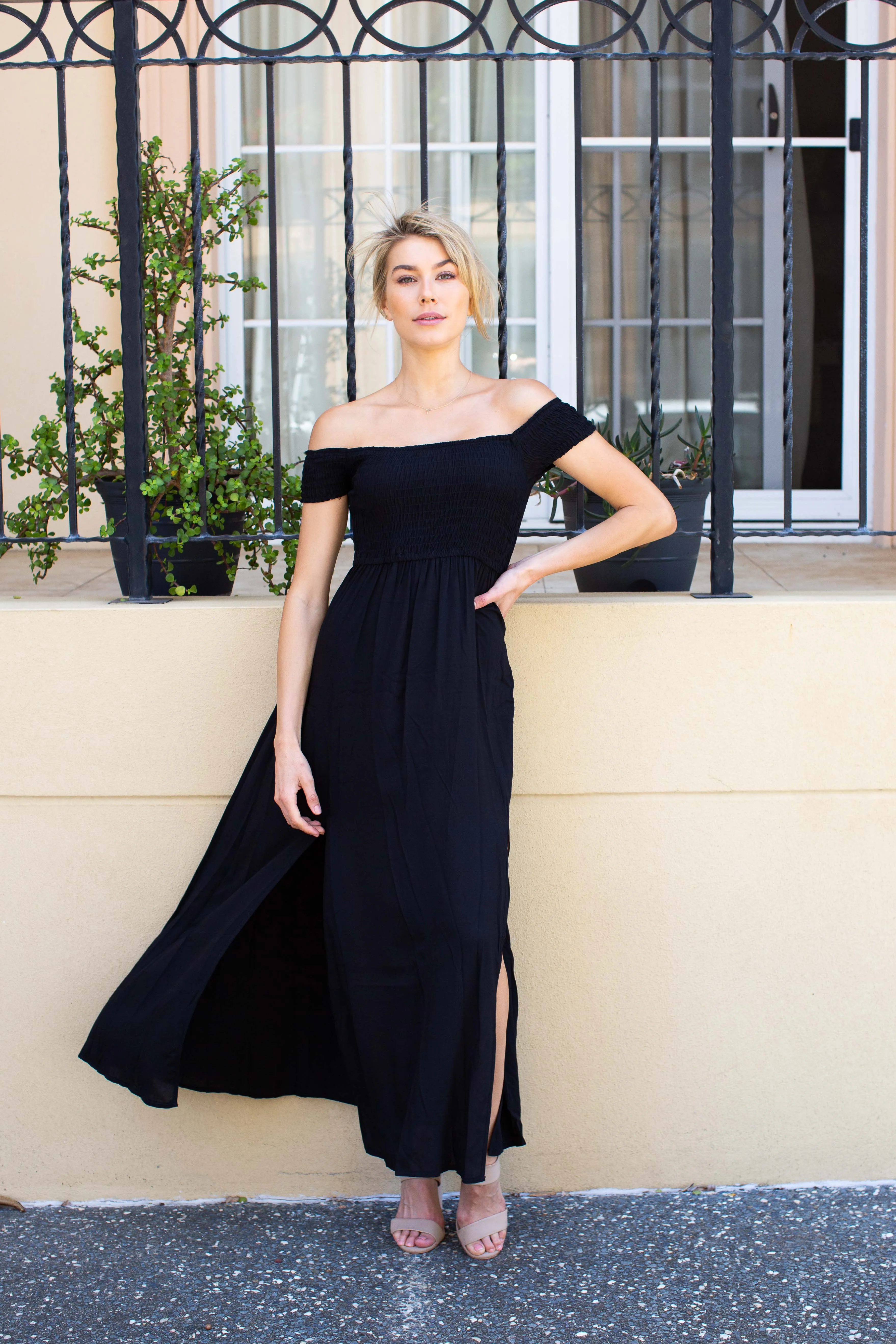 Bianca Shirred off Shouder Black Maxi