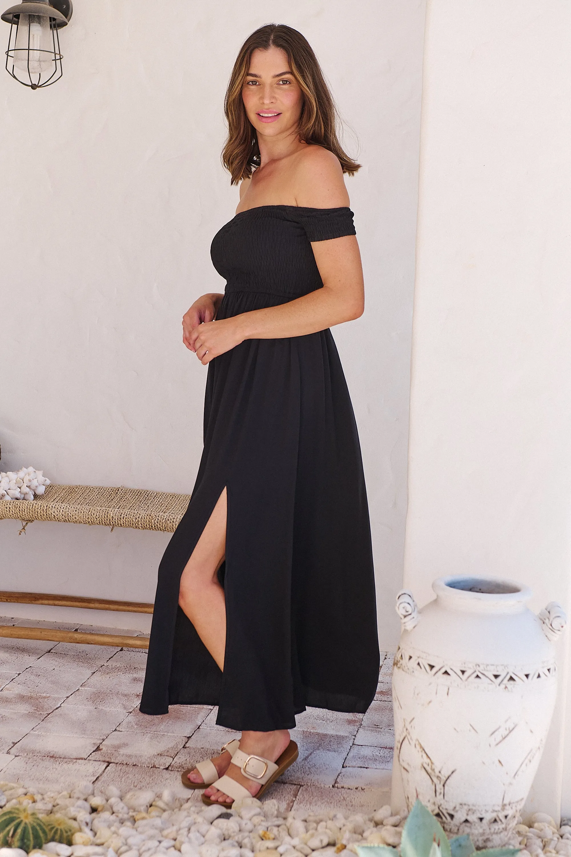 Bianca Shirred off Shouder Black Maxi