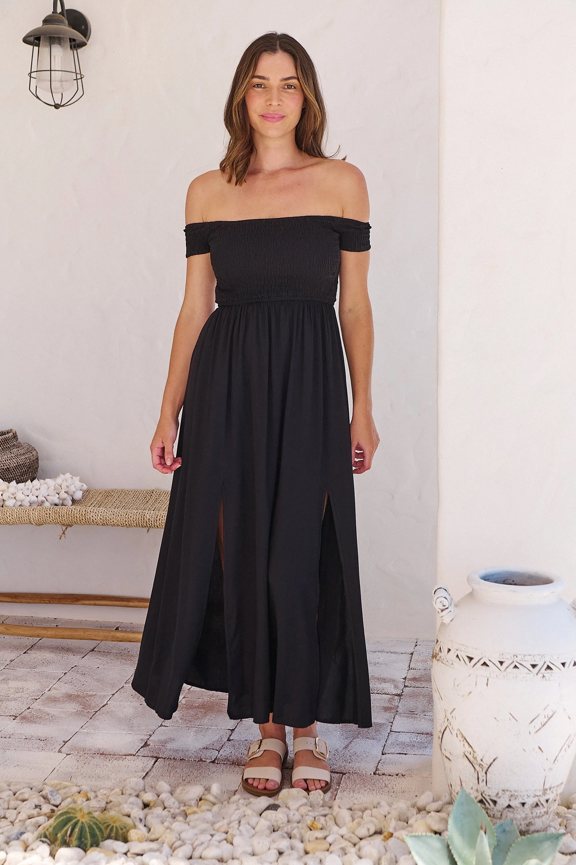 Bianca Shirred off Shouder Black Maxi