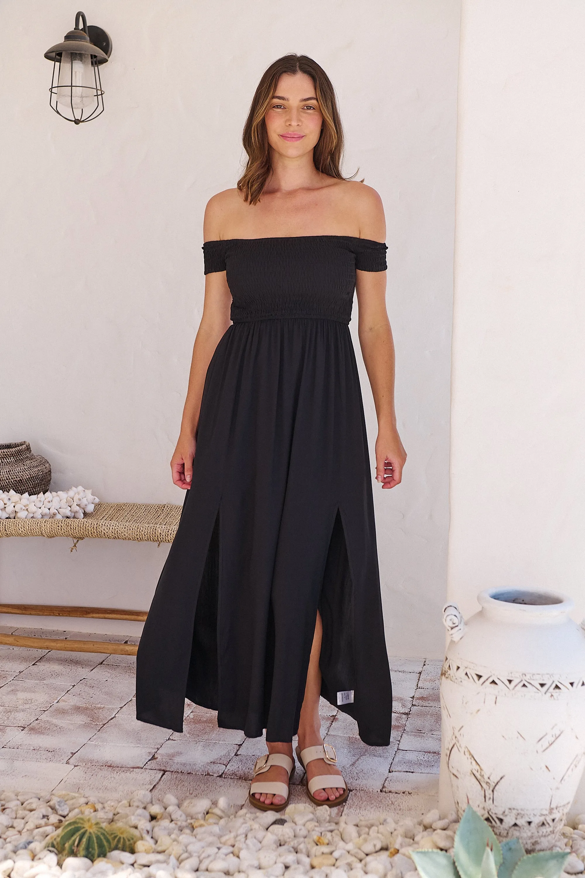 Bianca Shirred off Shouder Black Maxi