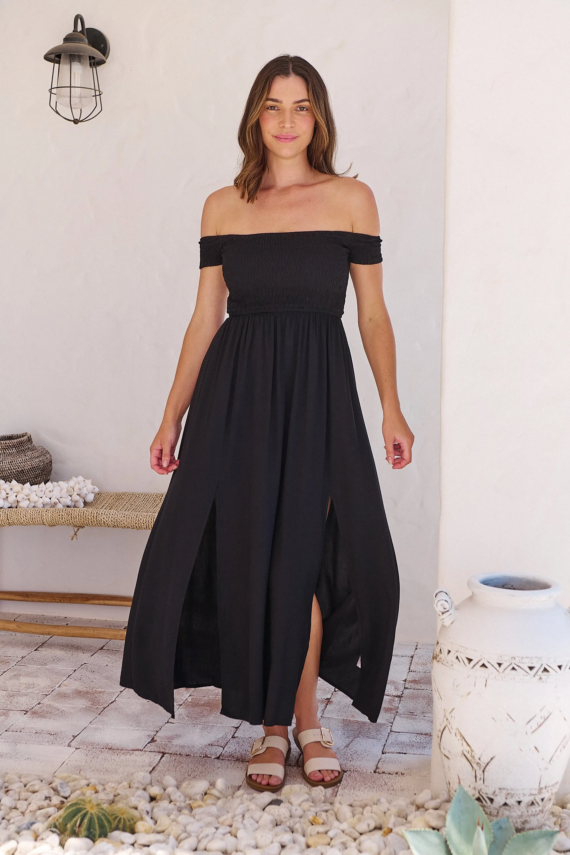 Bianca Shirred off Shouder Black Maxi