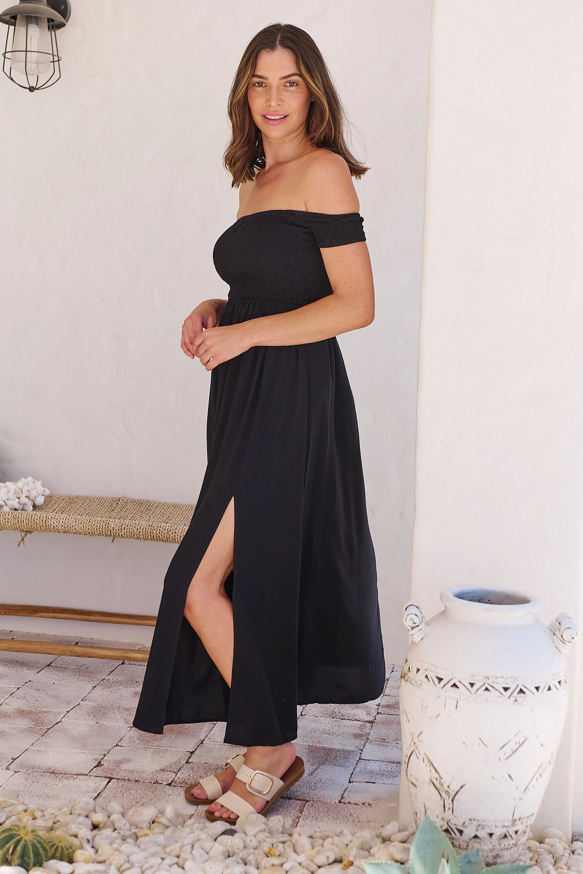 Bianca Shirred off Shouder Black Maxi