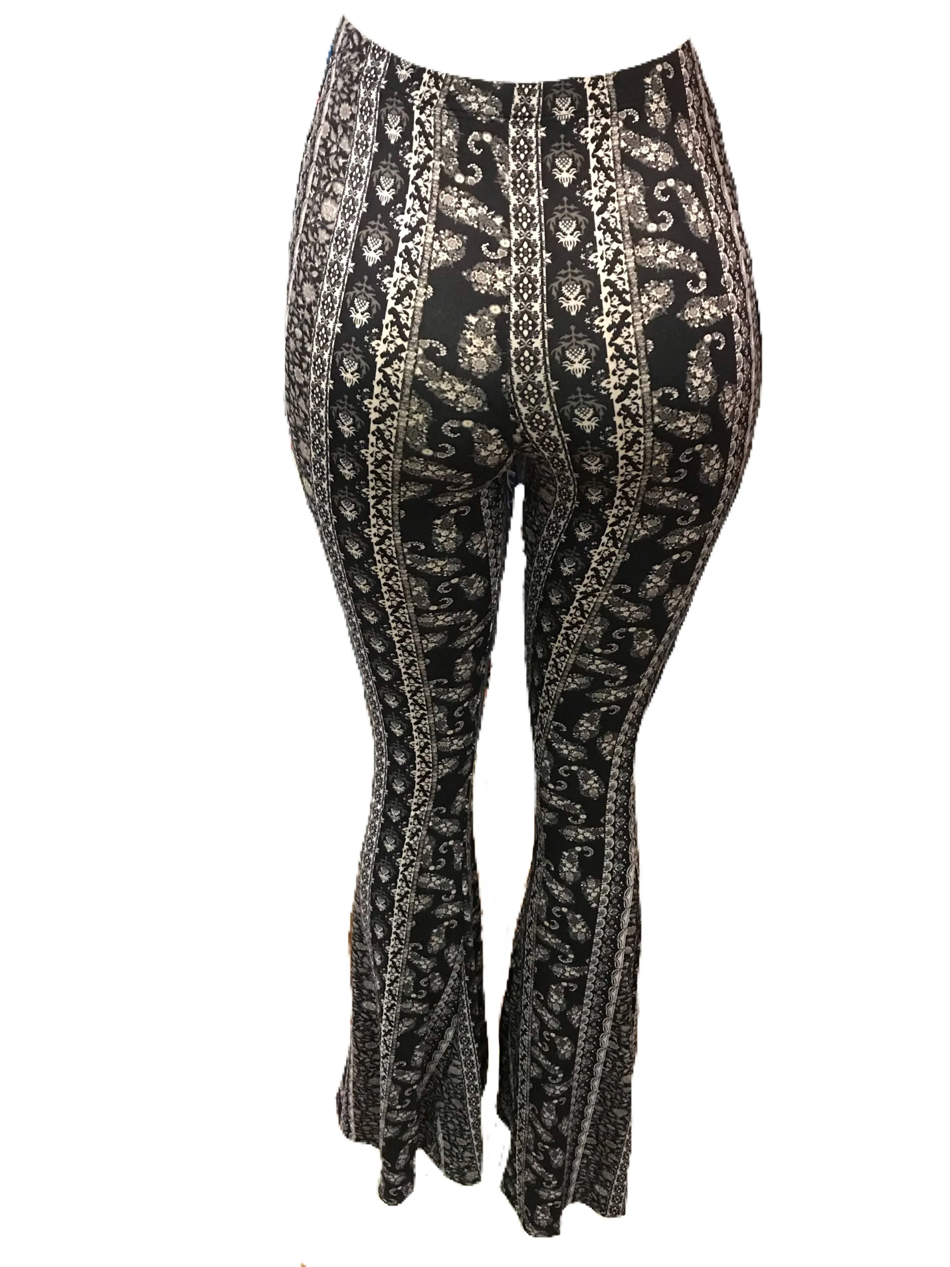 Black and Cream Paisley Print Bell Bottom Leggings