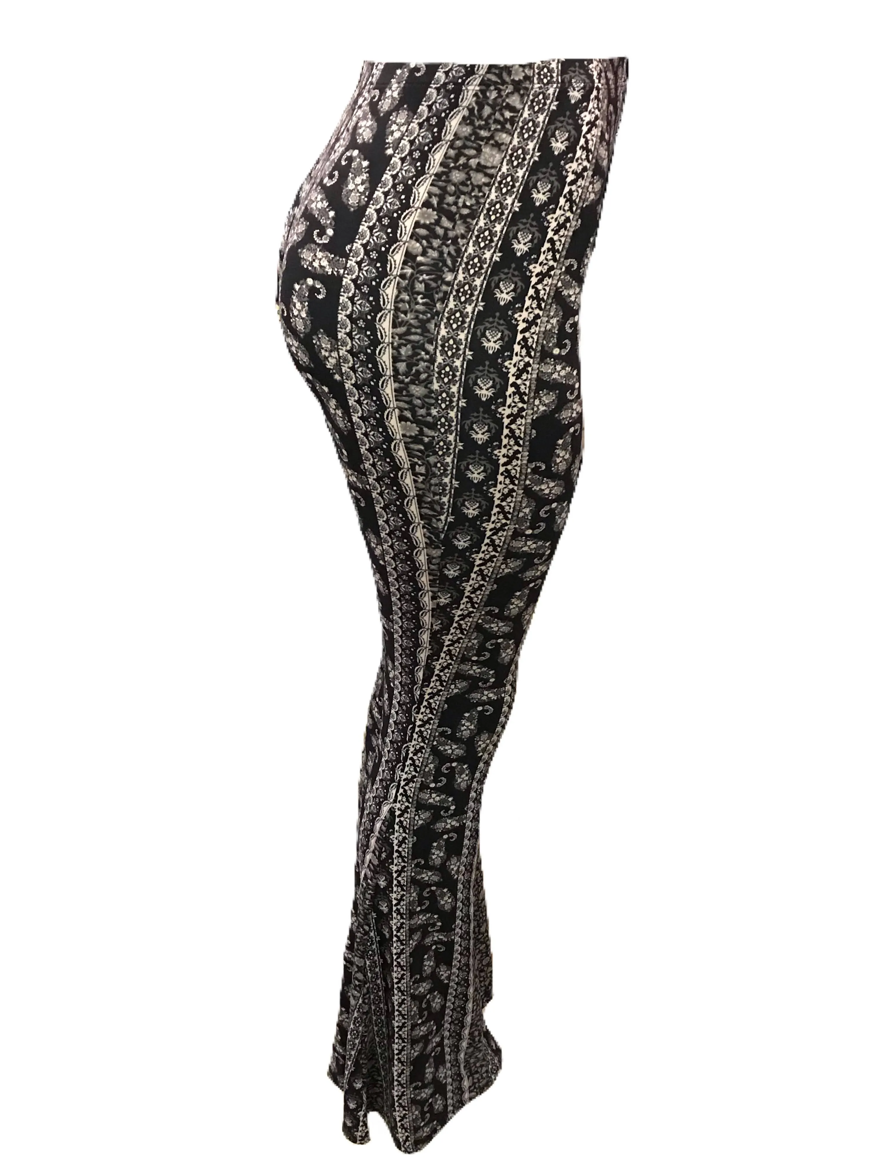 Black and Cream Paisley Print Bell Bottom Leggings