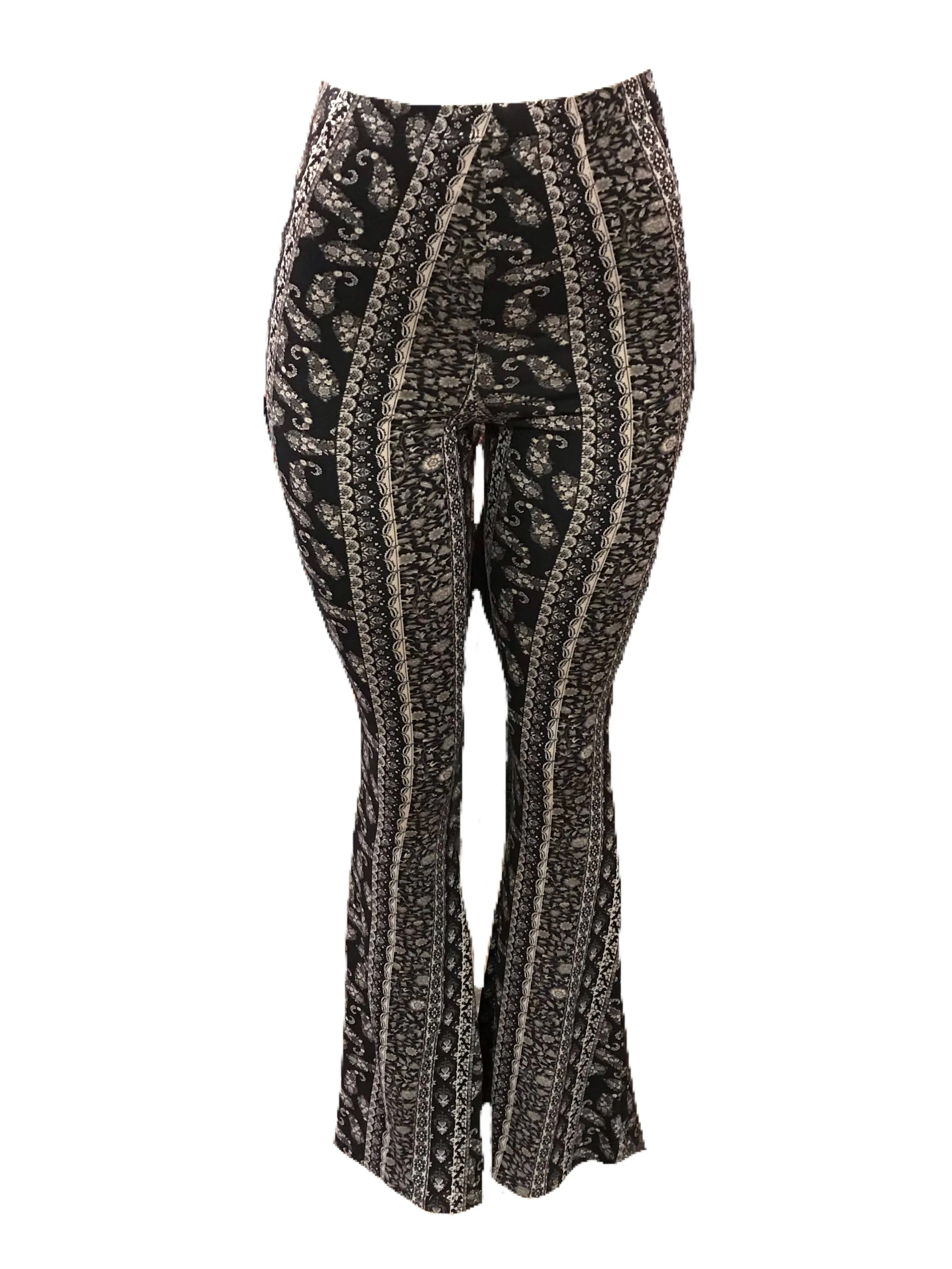 Black and Cream Paisley Print Bell Bottom Leggings