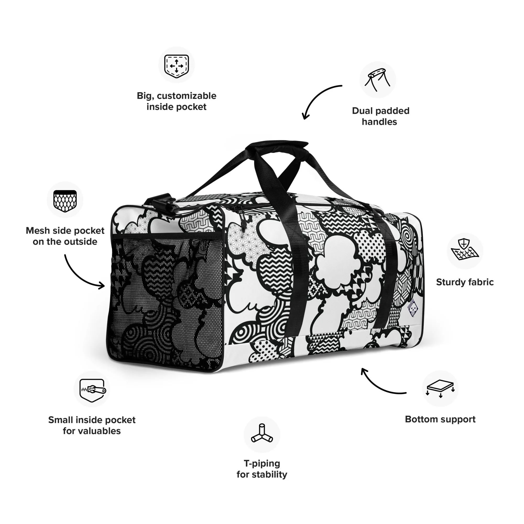 Black and White Graffiti Clouds Sports Duffle Bag - Perfect for Gym and Travel