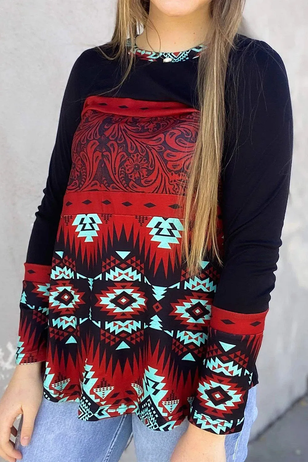 Black Aztec Print Pullover Sweatshirt