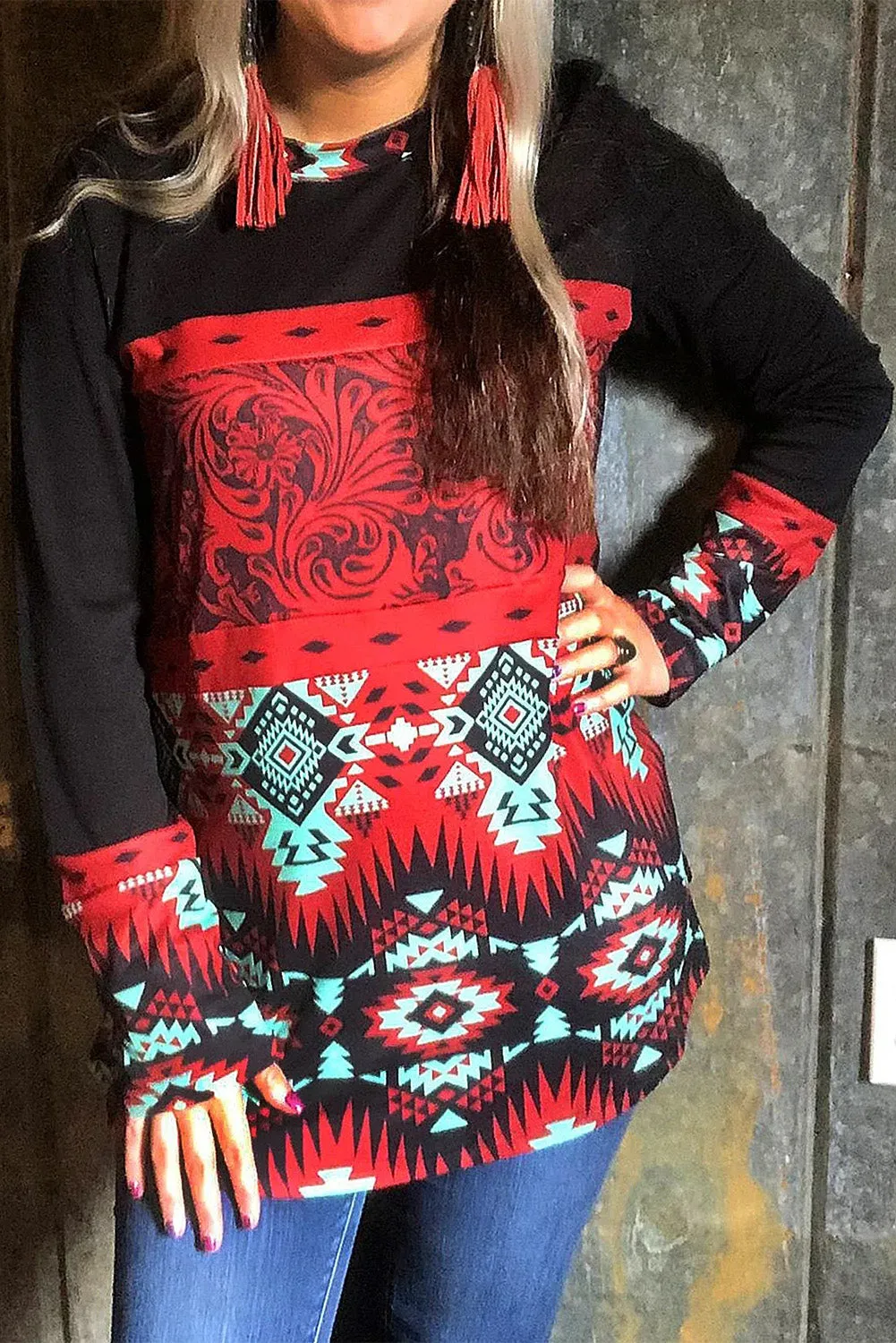 Black Aztec Print Pullover Sweatshirt