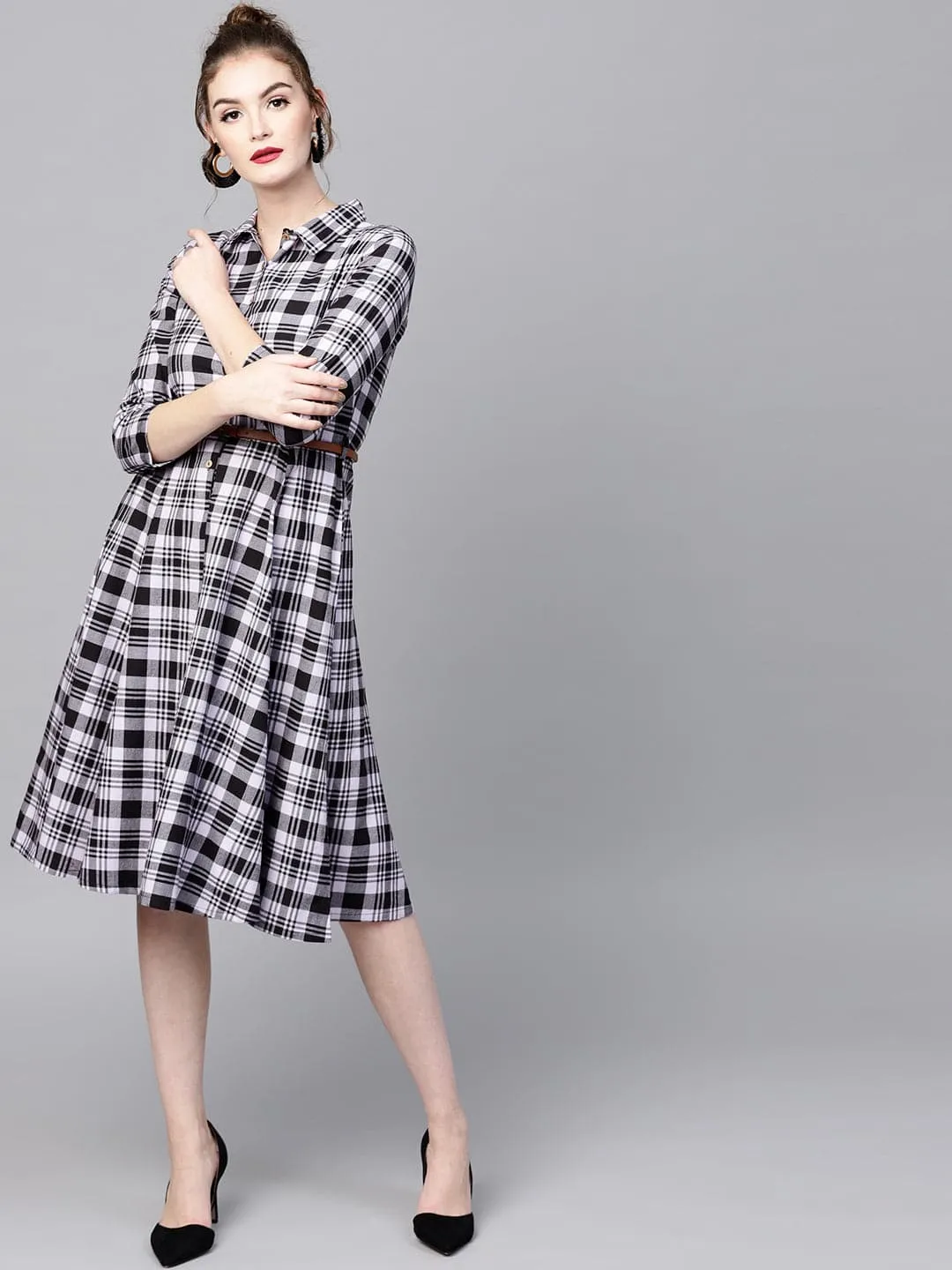 Black Check Shirt Ethnic Belted Dress