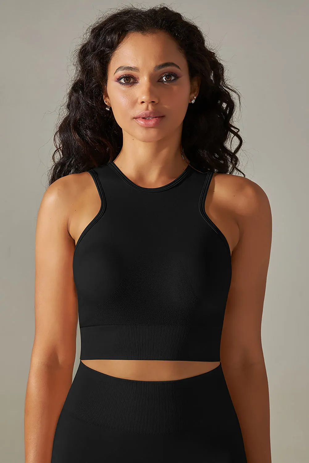 Black Crew Neck Cropped Sports Activewear Top