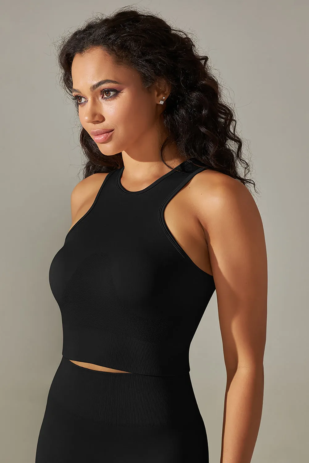 Black Crew Neck Cropped Sports Activewear Top