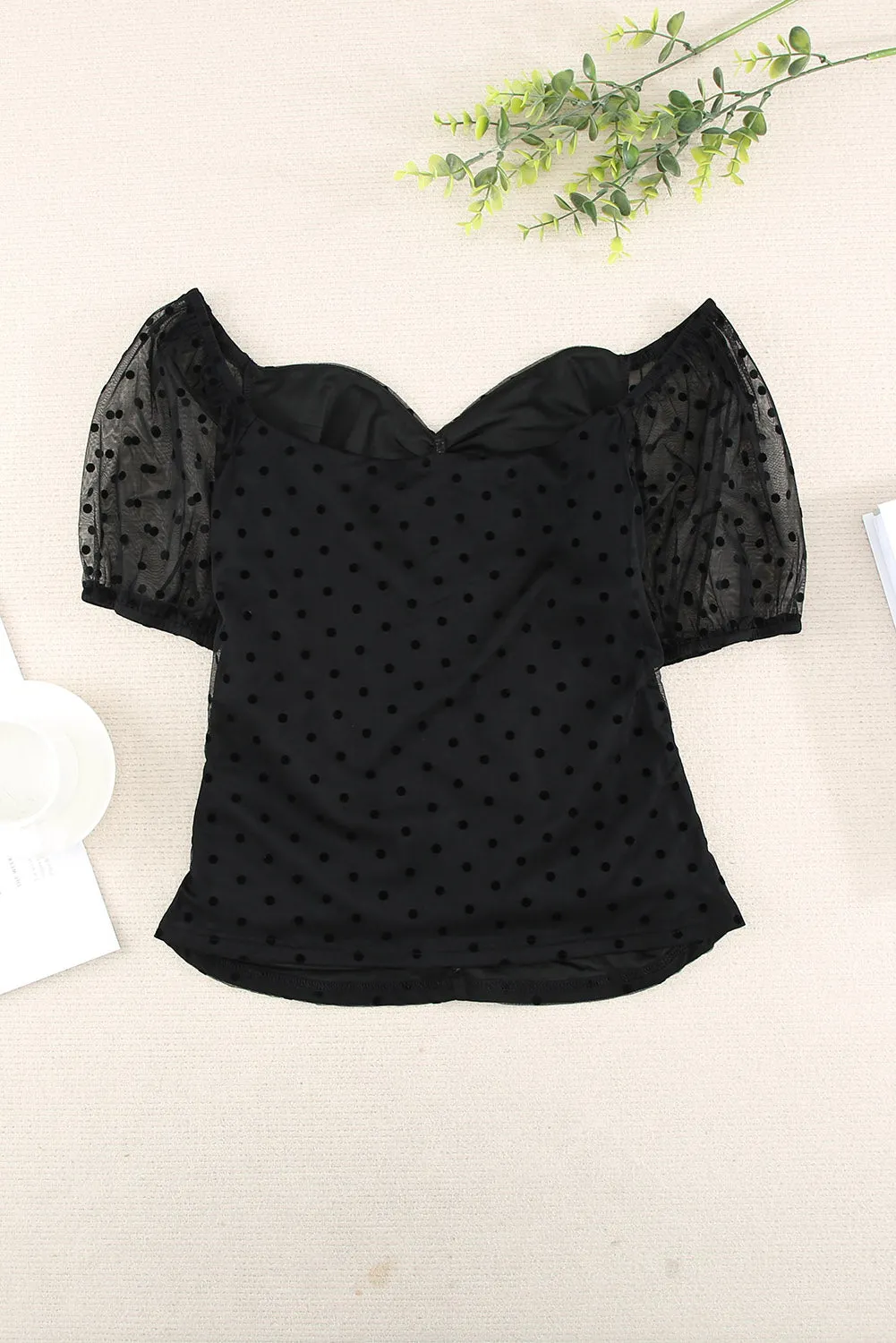 Black Dotted Print Ruched Puff Sleeve Tees Top