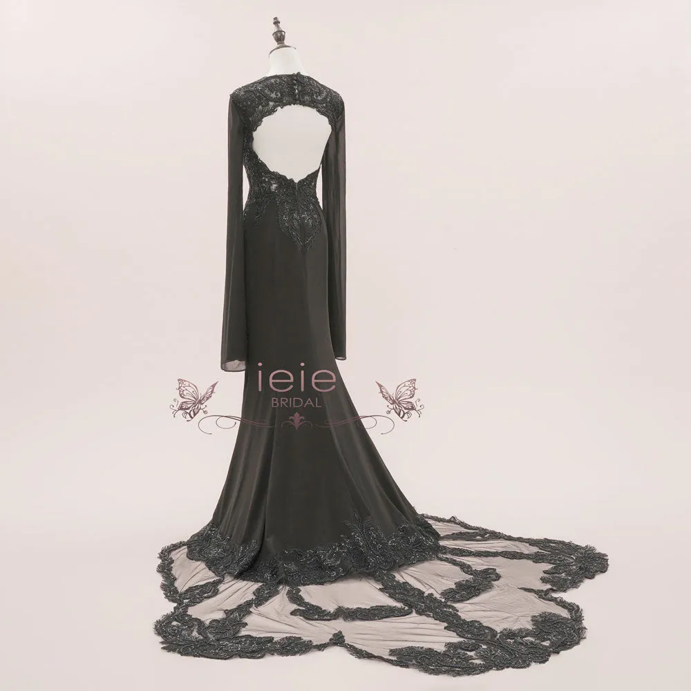 Black Gothic Halloween Lace Wedding Dress with Chiffon sleeves | ISODIE