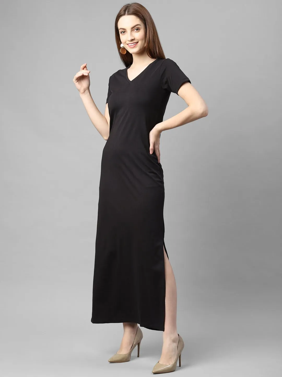 Black Half Sleeve V- Neck Maxi Dress