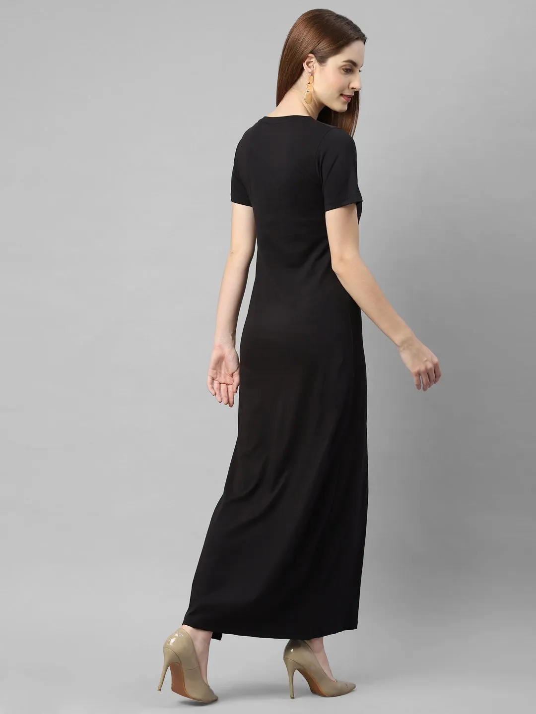 Black Half Sleeve V- Neck Maxi Dress