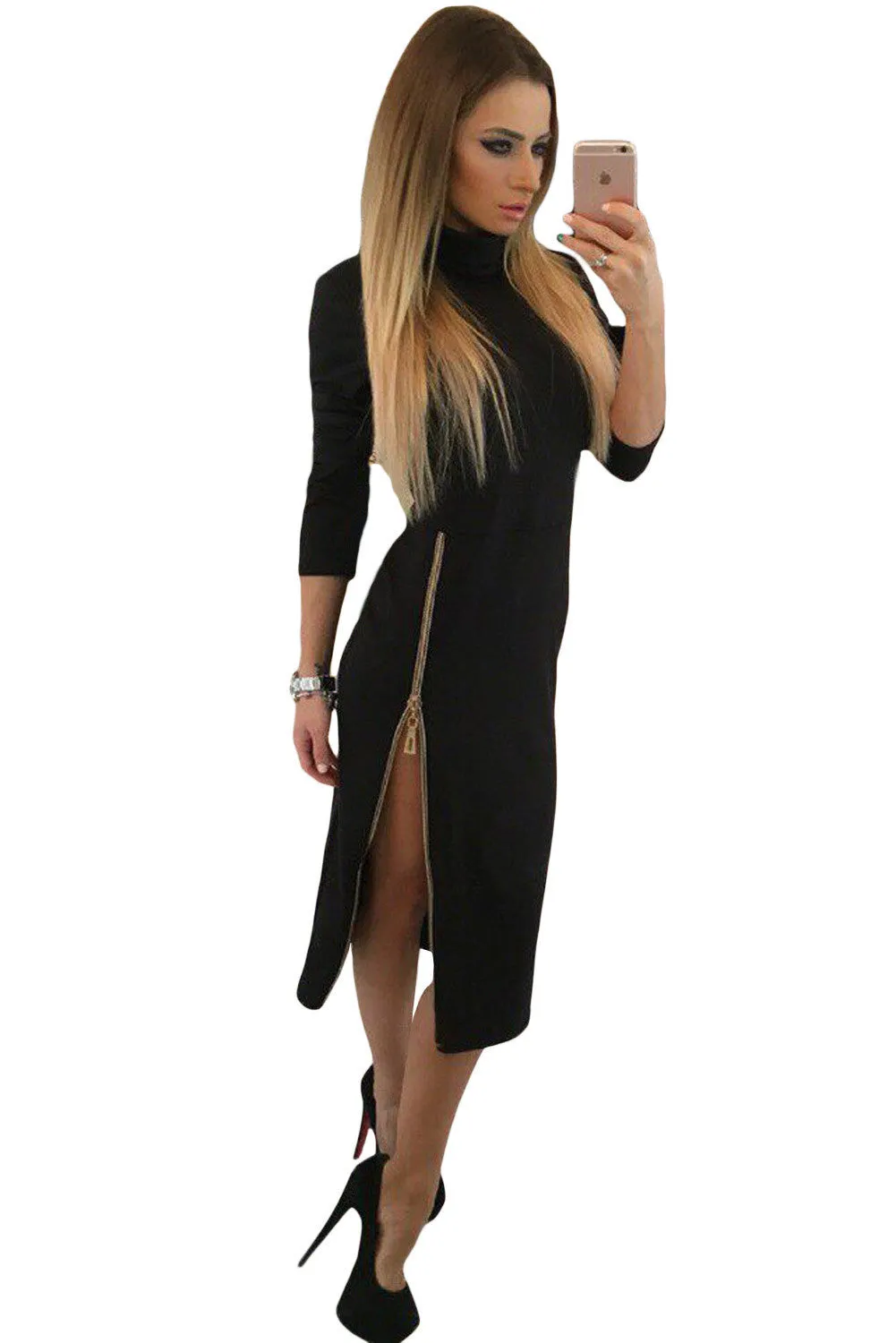 Black High Neck Slit Zipped Dress