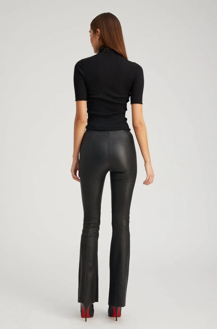 Black Leather Ankle Flare Pants with Princess Seams