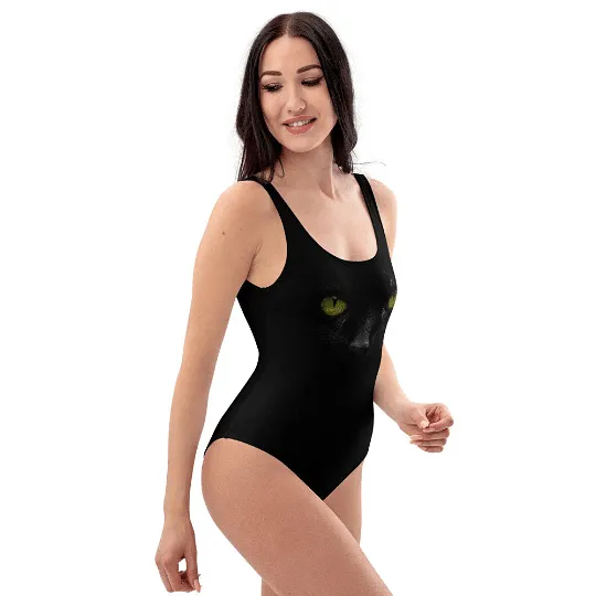 Black One Piece Swimsuit / For Cat Lovers / With Print Of A Black Cat / Extra Small To Plus Size