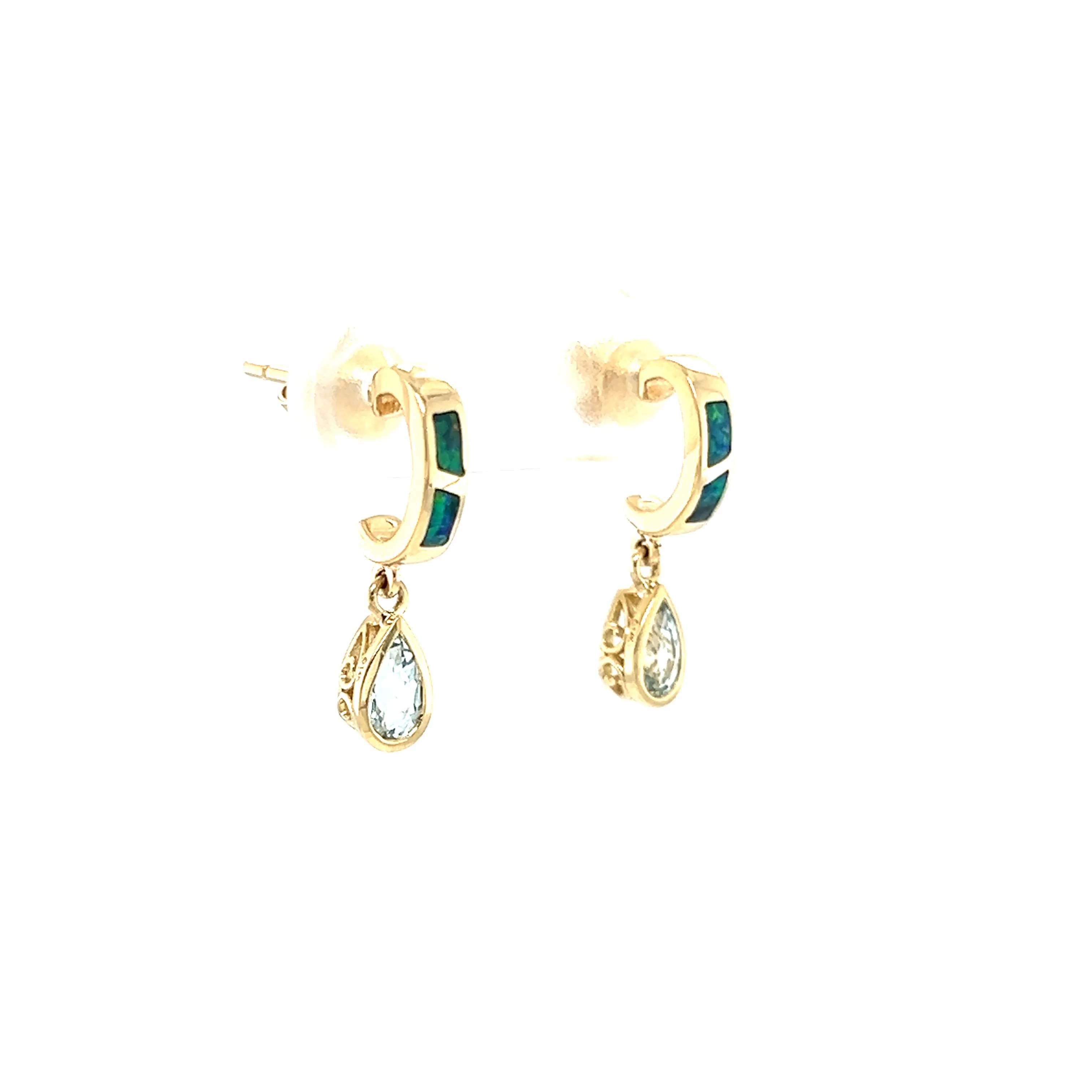 Black Opal C-Hoop Earrings with 0.51ctw of Aquamarine in 14K Yellow Gold