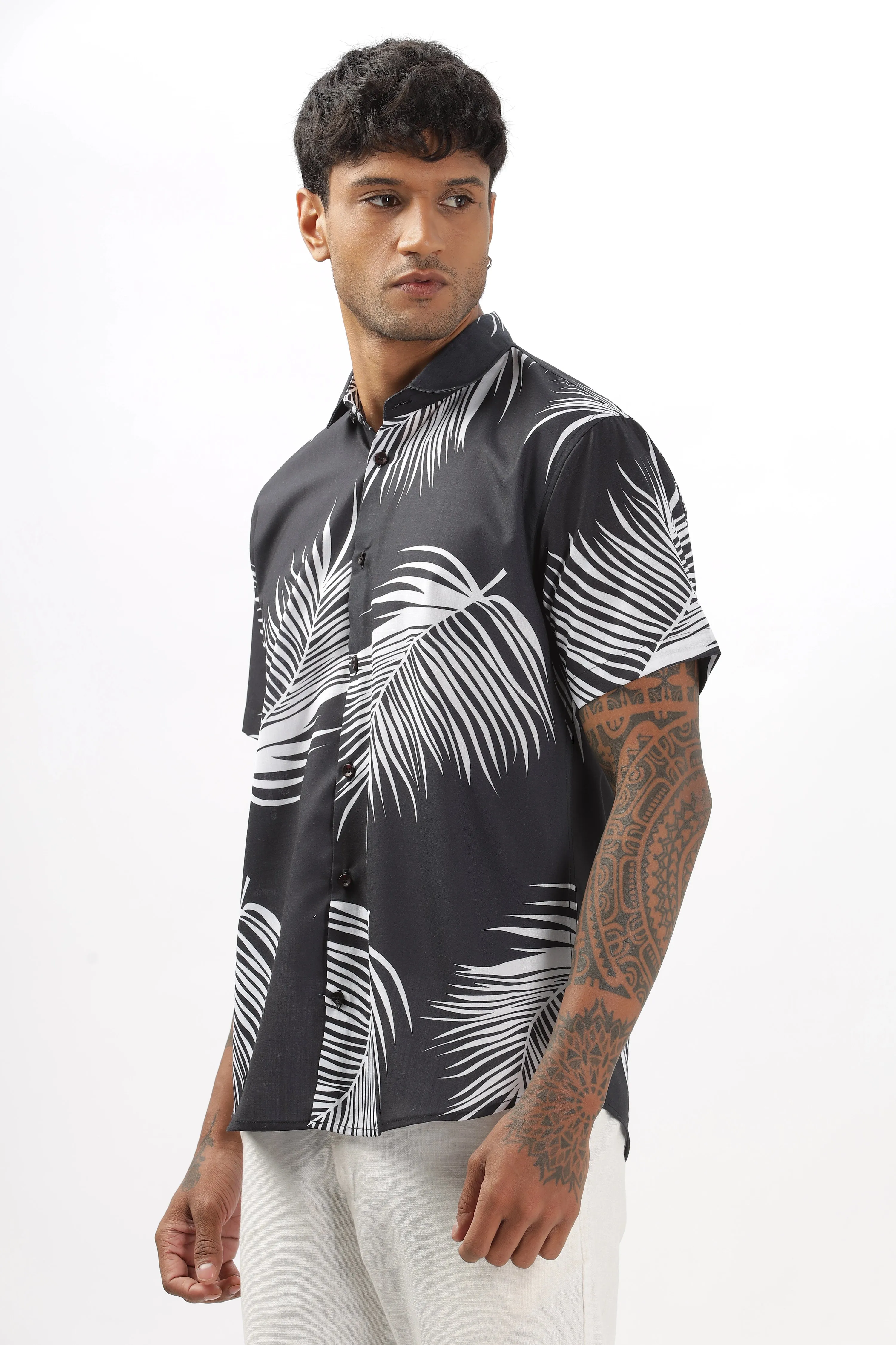 Black palm leaves printed shirt