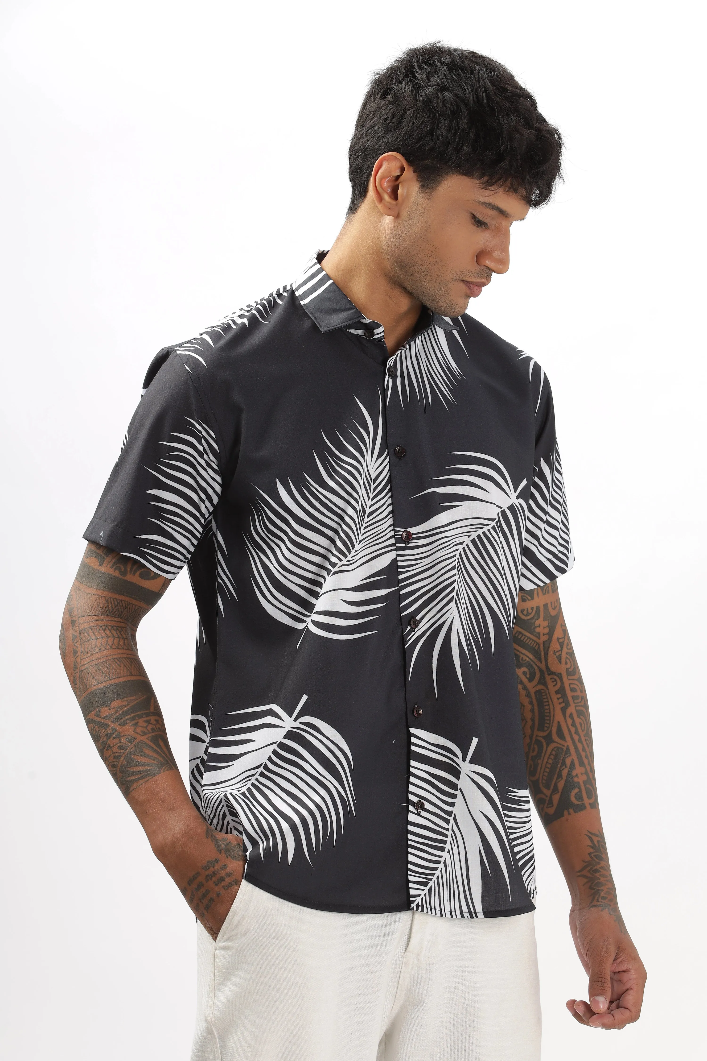 Black palm leaves printed shirt