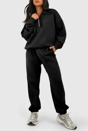 Black Plain Half Zip V Neck Ribbed Edge Loose Jogger Set