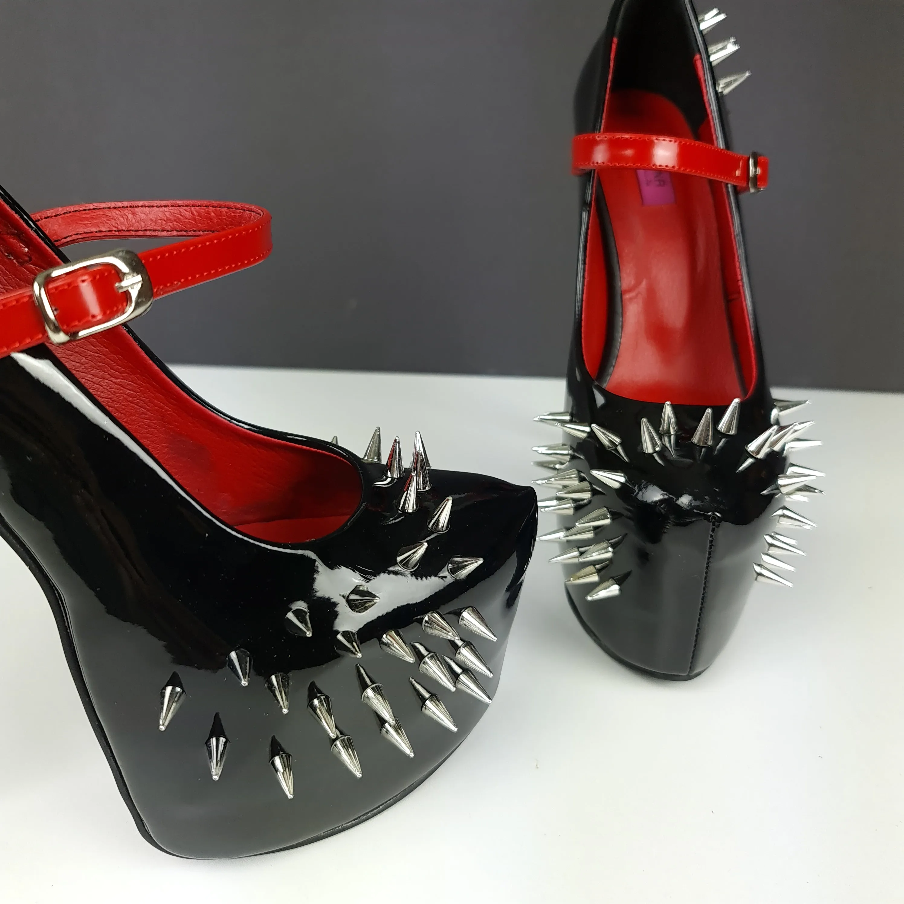 Black Red Gloss Spike Studded Strapped Heels