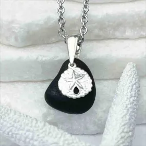 Black Sea Glass Bubble Pendant with a Sterling Silver Sand Dollar Charm | #1701