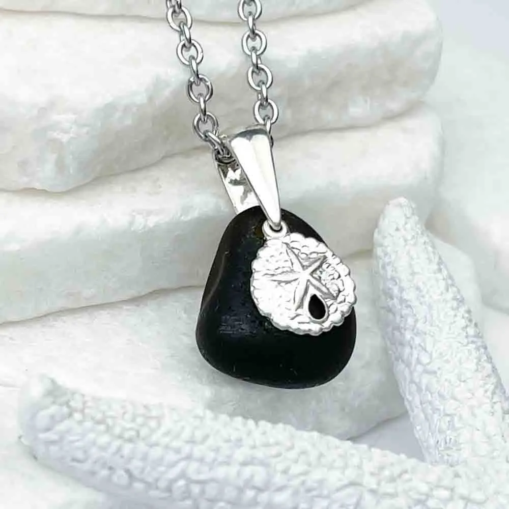 Black Sea Glass Bubble Pendant with a Sterling Silver Sand Dollar Charm | #1701