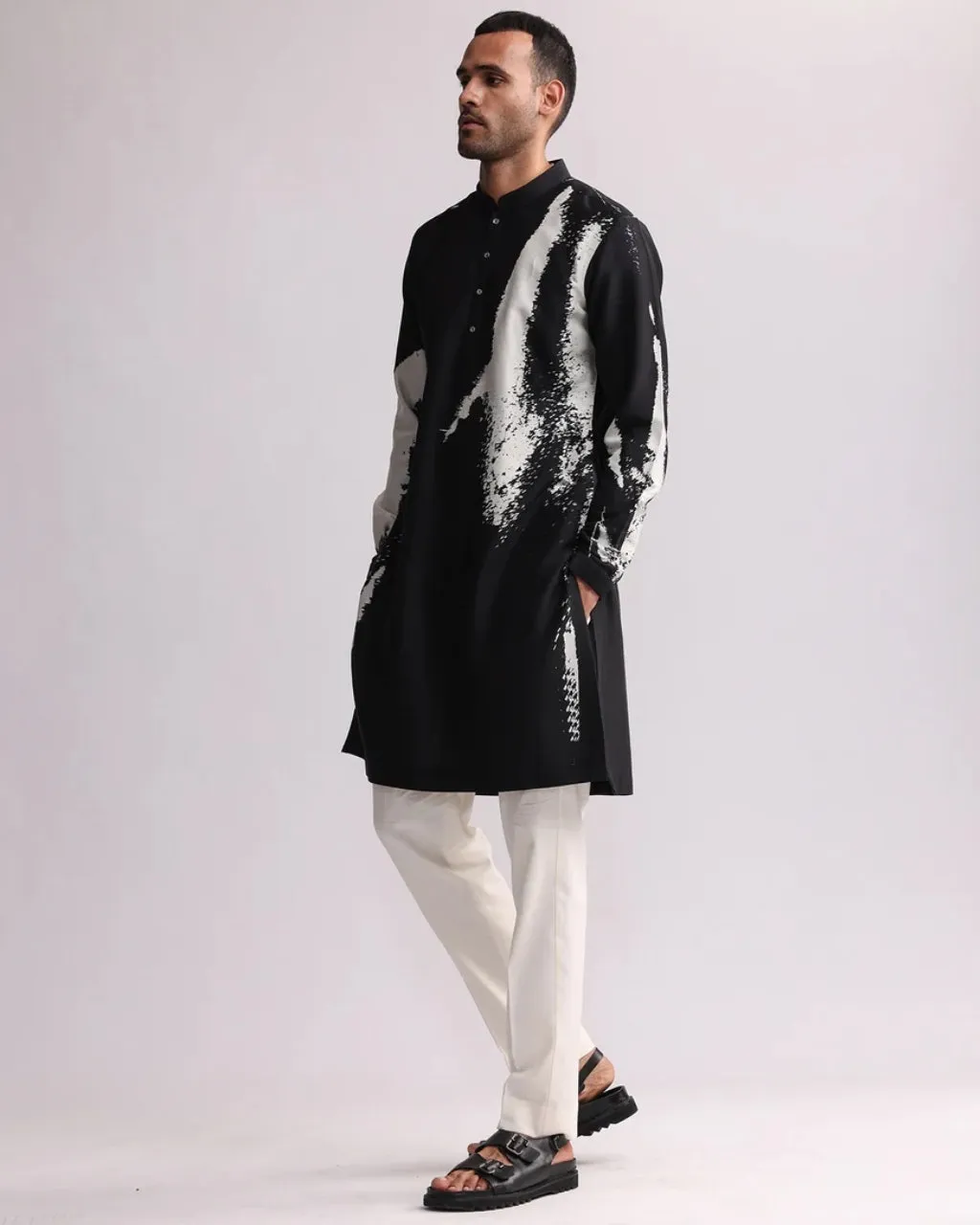 Black Shadow Placement Print Kurta Set