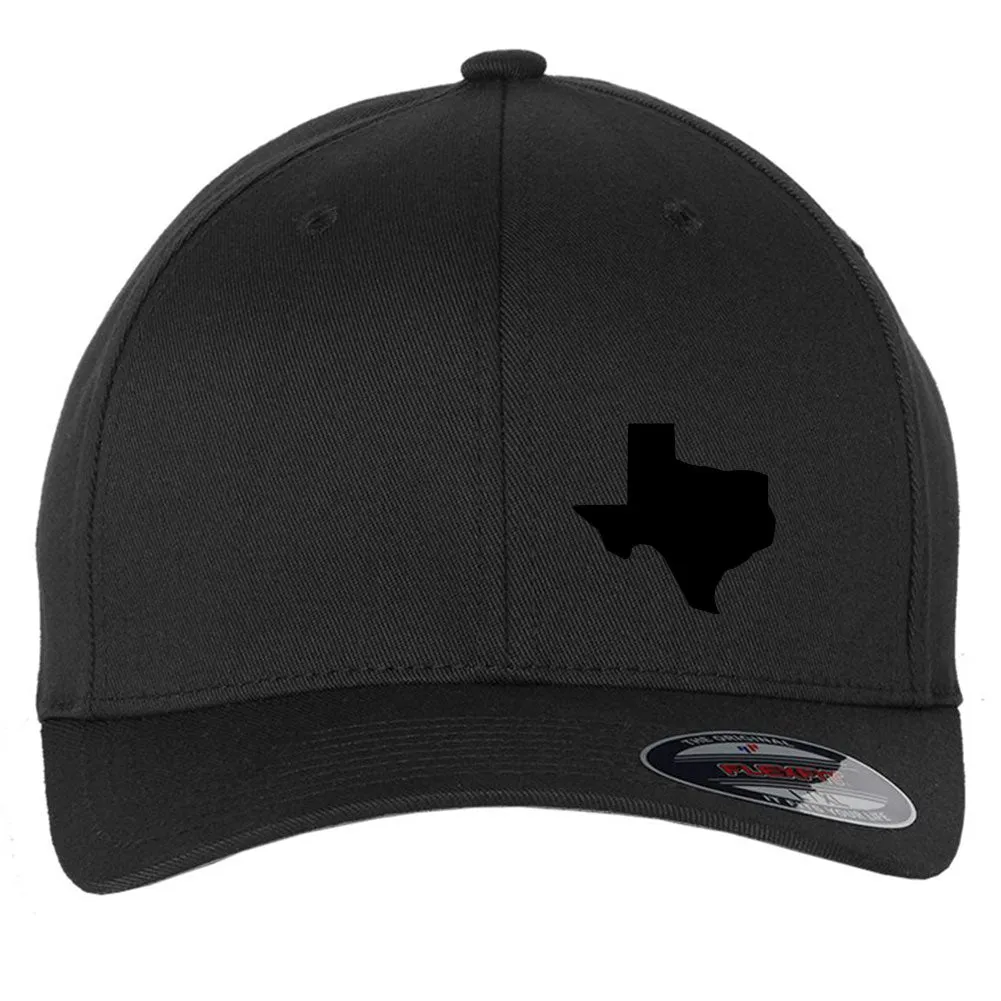 Black Texas Map Letter 6 Panel Mid Profile Flexfit Closed Back Twill Cap - From Small to 2XL Big Size