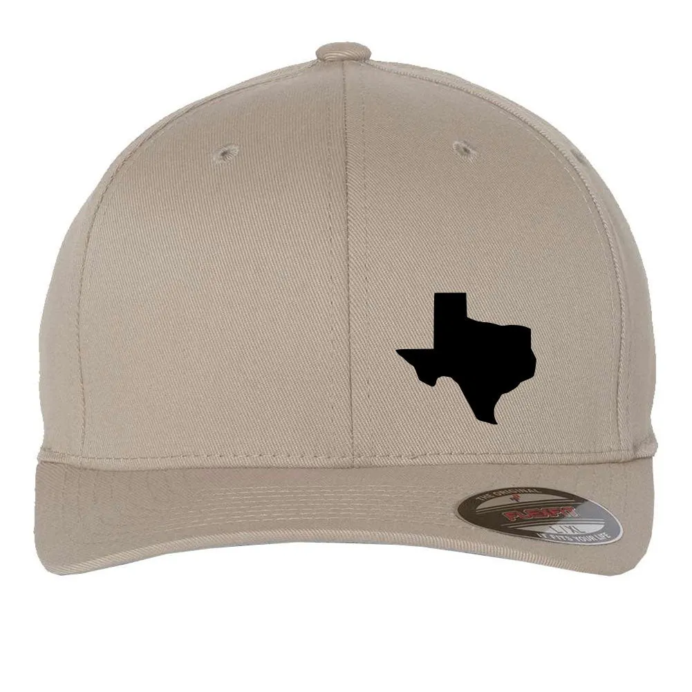 Black Texas Map Letter 6 Panel Mid Profile Flexfit Closed Back Twill Cap - From Small to 2XL Big Size