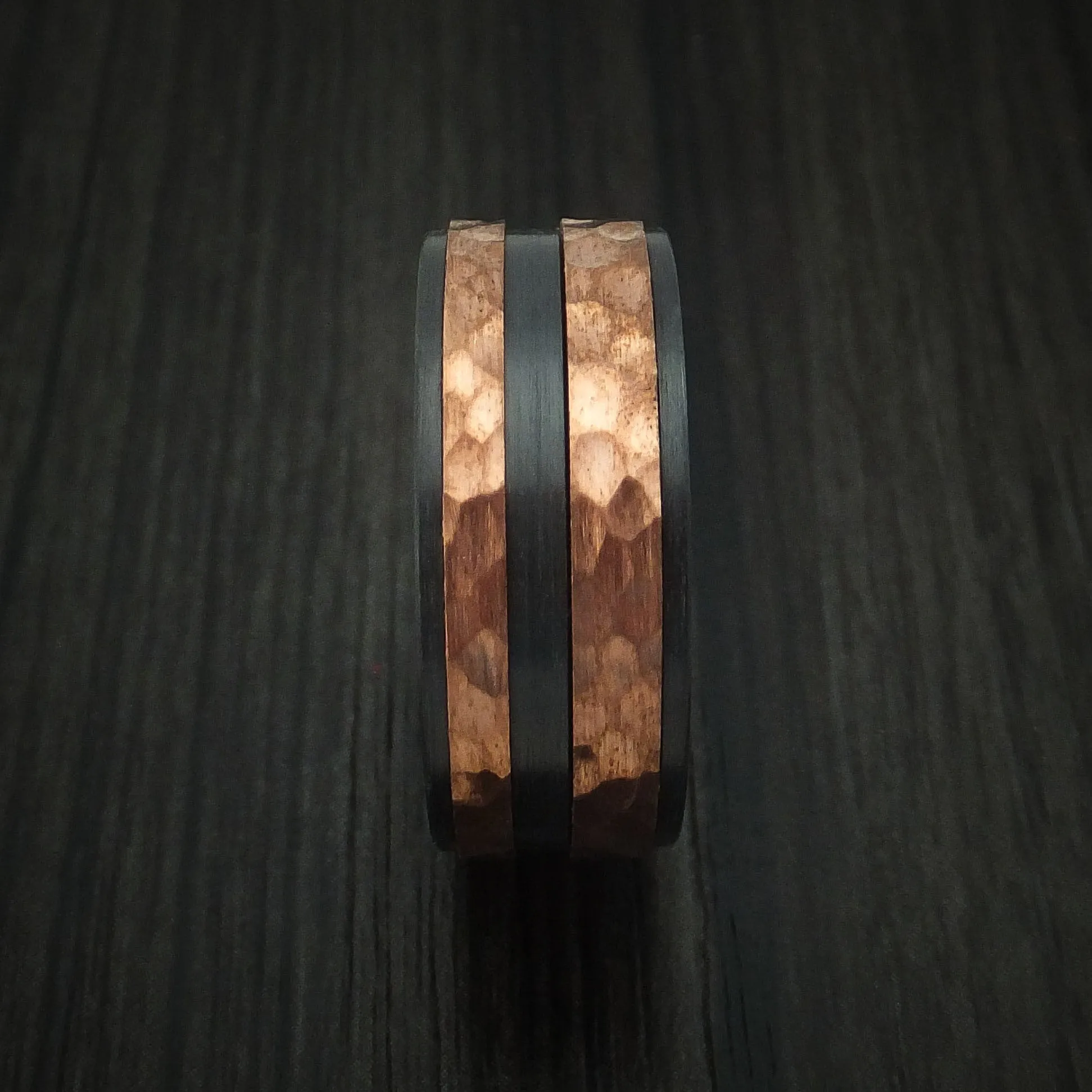 Black Titanium Men's Ring with Raised Hammered Copper Inlays Custom Made Band