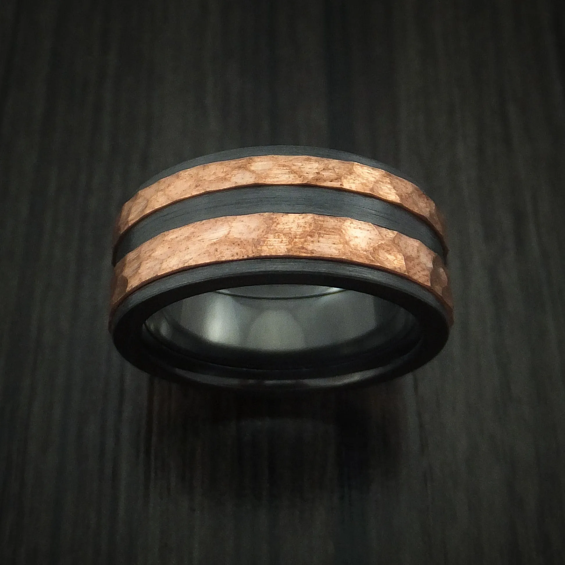 Black Titanium Men's Ring with Raised Hammered Copper Inlays Custom Made Band