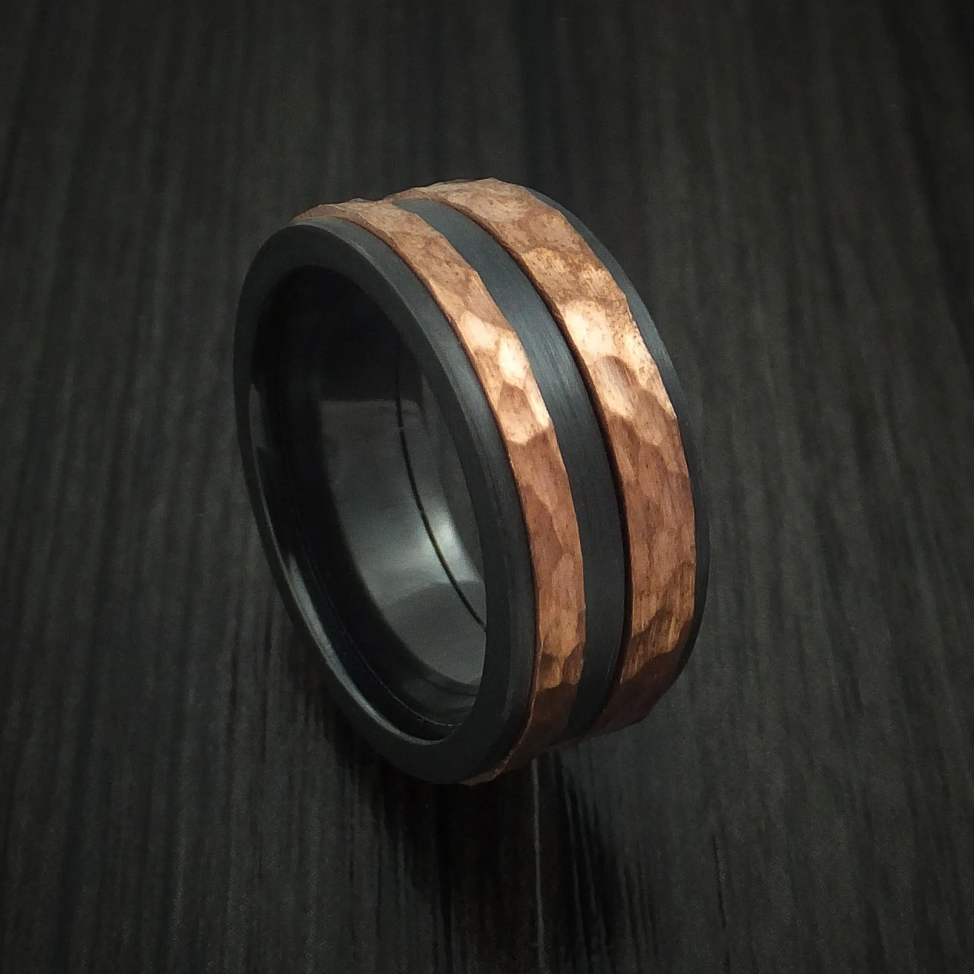 Black Titanium Men's Ring with Raised Hammered Copper Inlays Custom Made Band