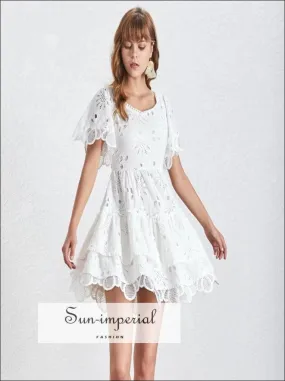 Blake Dress- Solid Lace Casual a Line Women Dress Square Collar Short Sleeve Ruffle Dress