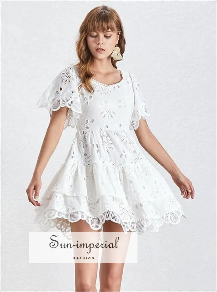 Blake Dress- Solid Lace Casual a Line Women Dress Square Collar Short Sleeve Ruffle Dress