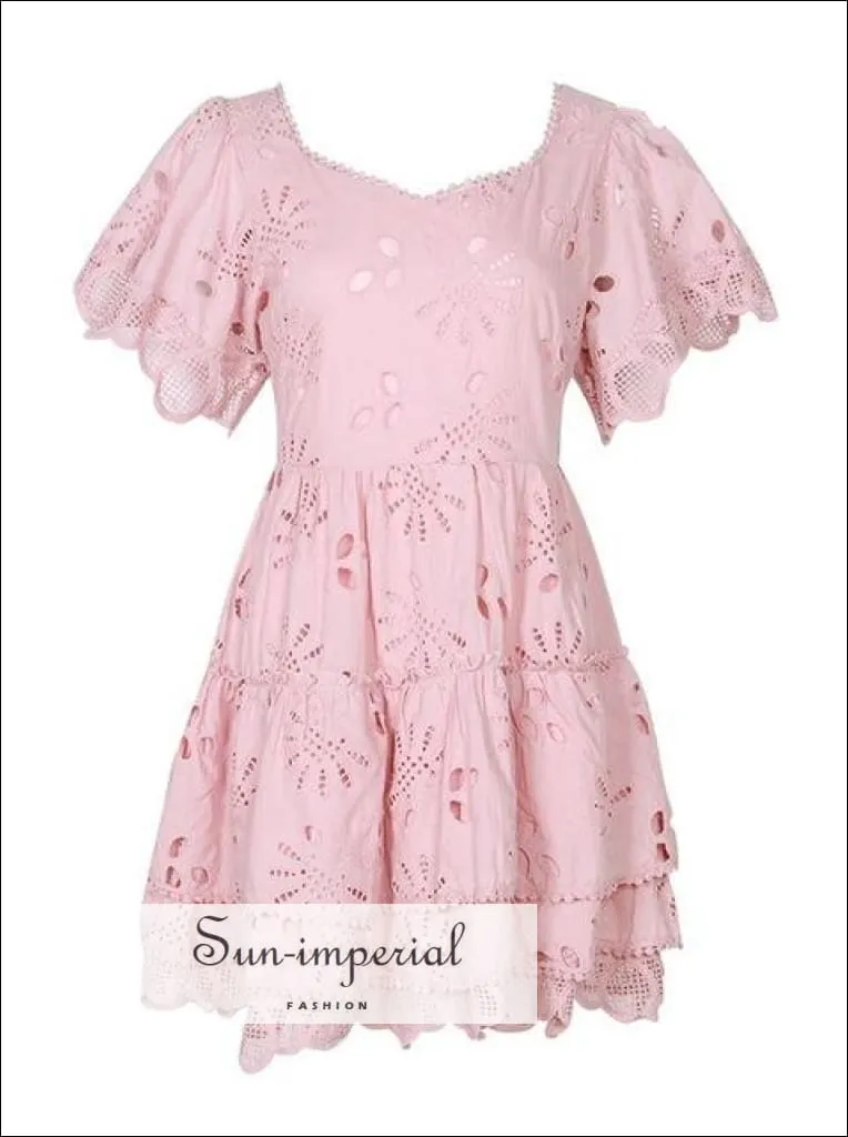 Blake Dress- Solid Lace Casual a Line Women Dress Square Collar Short Sleeve Ruffle Dress