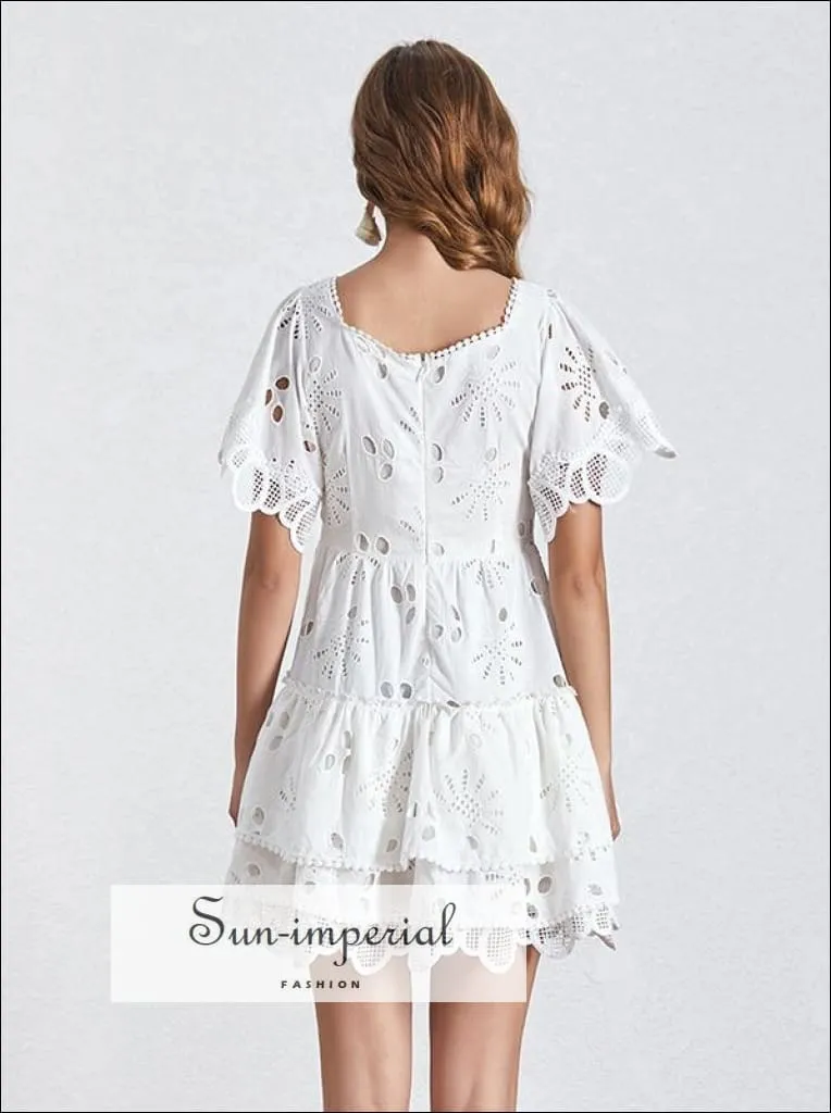 Blake Dress- Solid Lace Casual a Line Women Dress Square Collar Short Sleeve Ruffle Dress