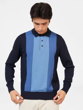 Block Stripe Merino Knit Polo - Dark Navy