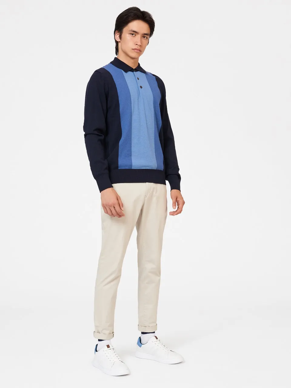 Block Stripe Merino Knit Polo - Dark Navy