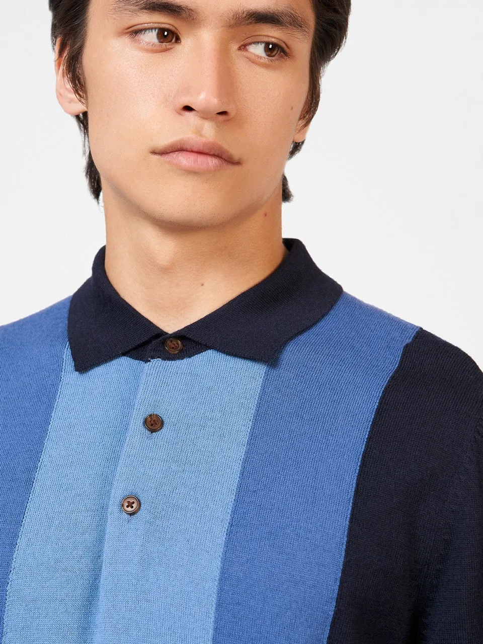 Block Stripe Merino Knit Polo - Dark Navy