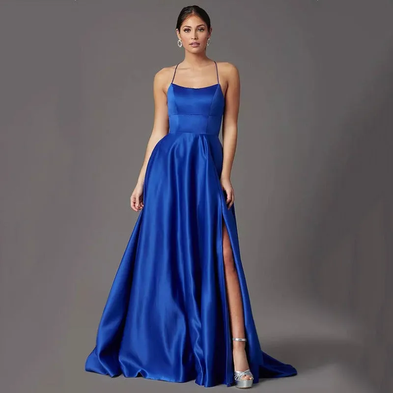 Blue A-Line Satin Lace Up Back Evening Dress