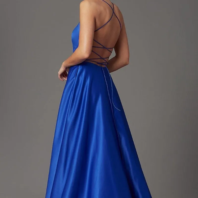 Blue A-Line Satin Lace Up Back Evening Dress