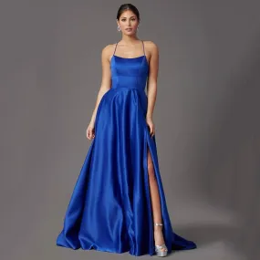 Blue A-Line Satin Lace Up Back Evening Dress