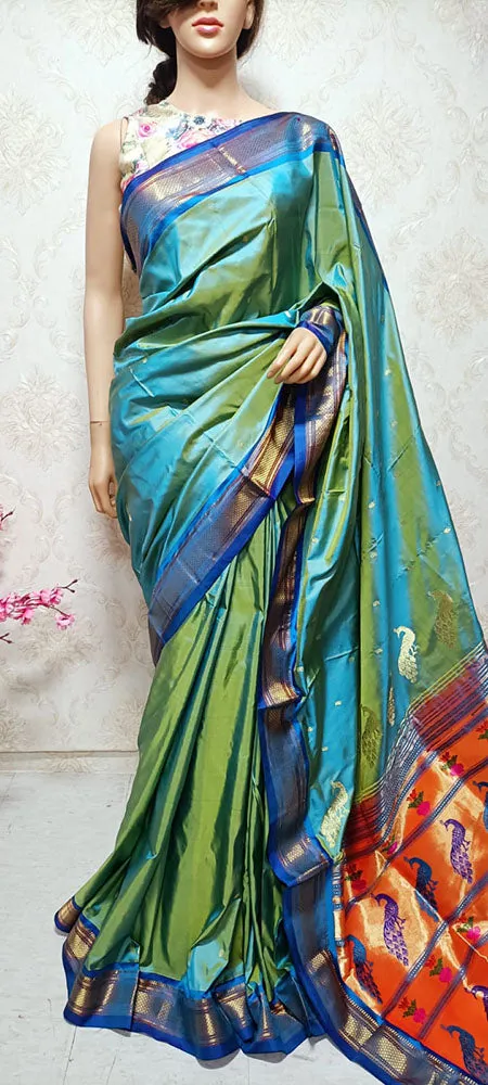 Blue And Yellow Shot Handloom Paithani Pure Silk Peacock Design Pallu Nine Yards Saree